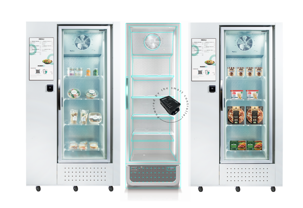 The Huskt Intelligent Fridges Range. It includes a fridge with an ordering system, a freezer with an ordering system and a fridge with a smart controller.